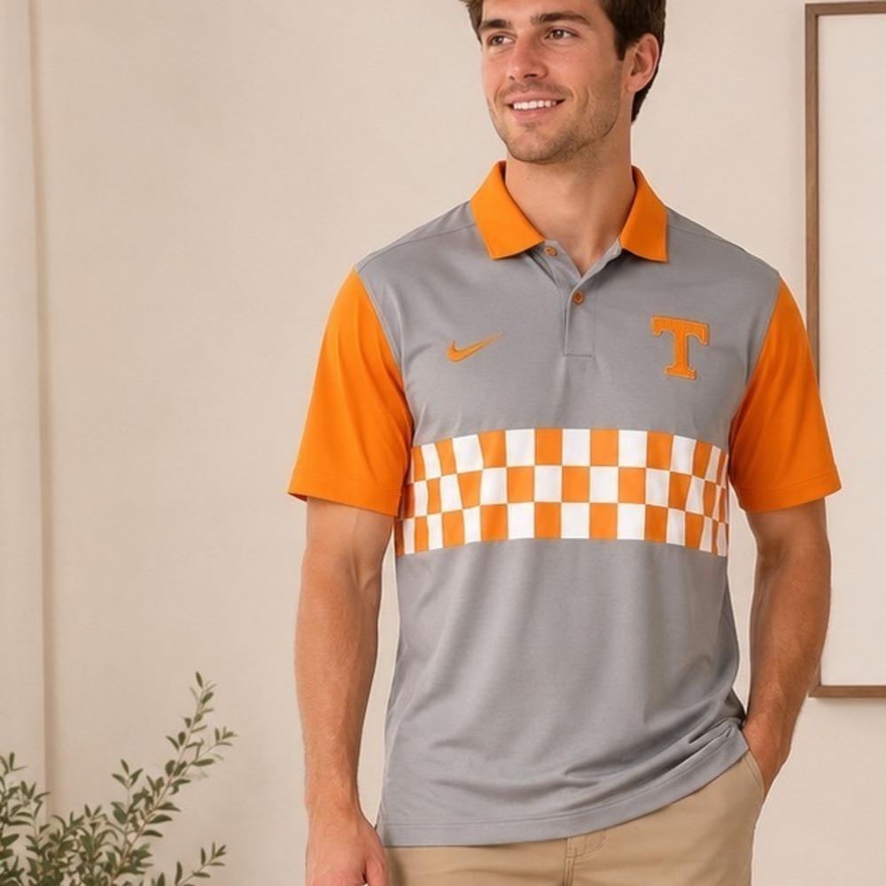Nike Tennessee Volunteers Dri-FIT Polo Shirt Mens Large Grey Orange Checkerboard